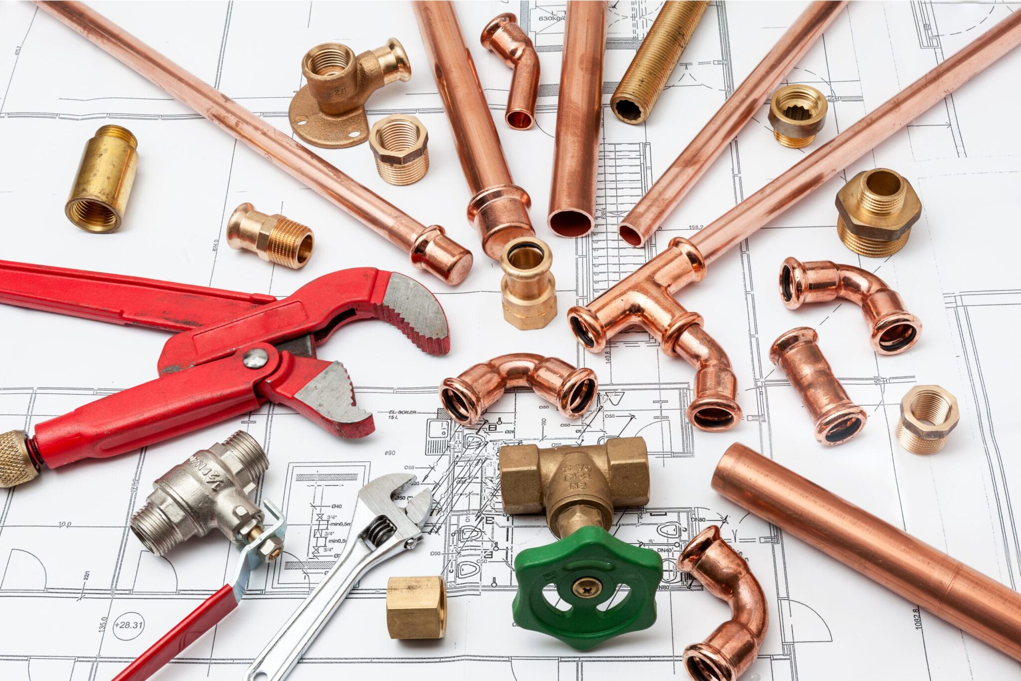 Copper pipes, fittings, valves, and plumbing tools in Hialeah