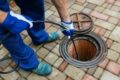 Plumber cleaning an outdoor sewer drain in Hialeah
