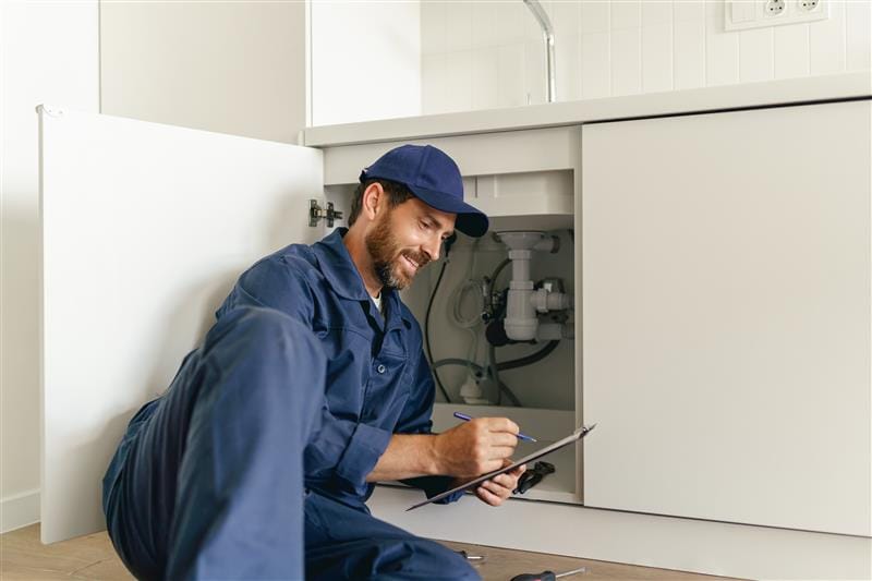 Residential plumber reviewing plumbing repairs in a Hialeah kitchen