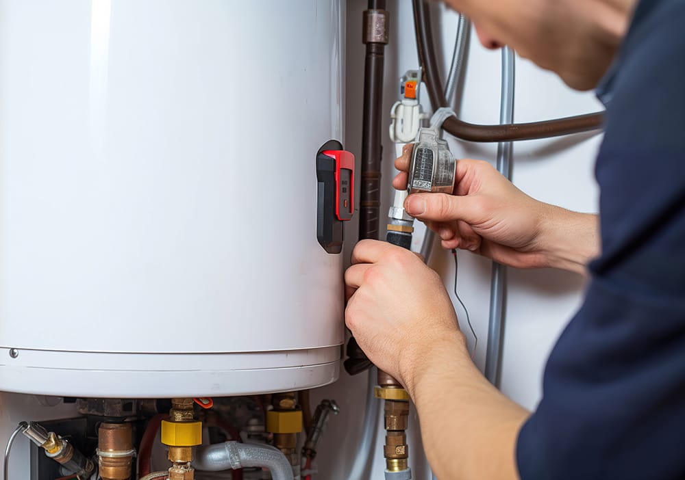 Technician repairing pipes connected to a water heater in Hialeah